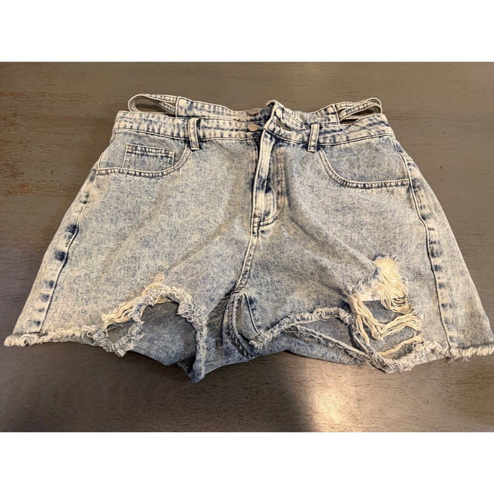 SHEIN Curve Acid Wash Distressed Denim Shorts Cutout Waist Blue 0XL Plus Size